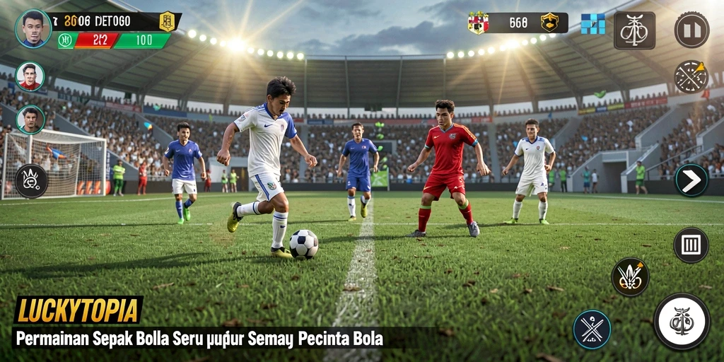 Tampilan gameplay menarik dari LUCKYTOPIA saat mencetak gol.