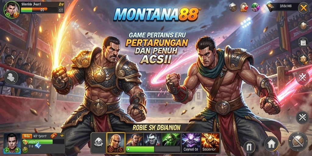 Tampilan pertarungan seru di MONTANA88 dengan karakter unik.