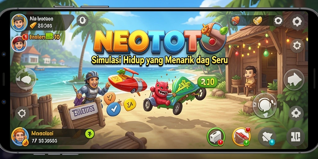 Screenshot gameplay NEOTOTO menampilkan karakter dalam aktivitas sehari-hari.