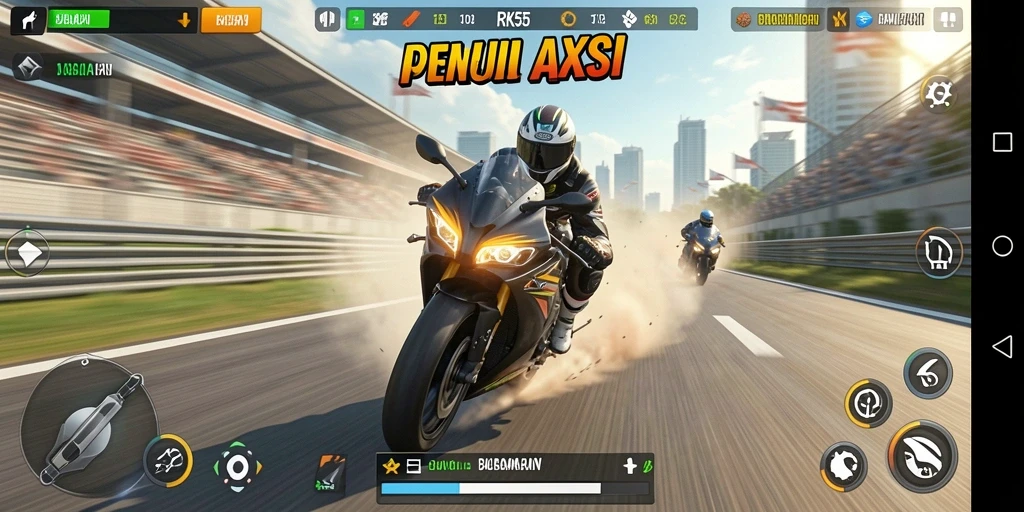 Tampilan gameplay seru di RK55 dengan aksi balapan motor yang mendebarkan.